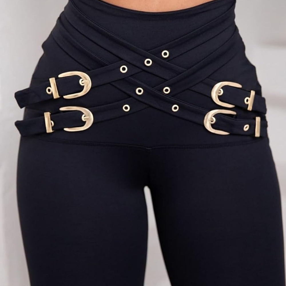 High-Waist Black Buckle Detail Leggings